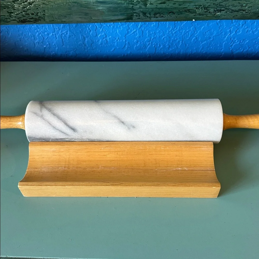Made for Macys White Marble Rolling Pin with Natural Wood Handles
